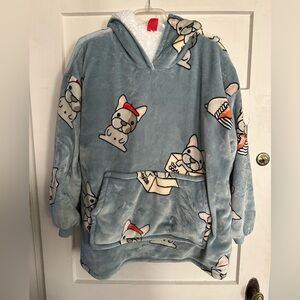 Cozy Blue Kids Hoodie Blanket with Cartoon French Bulldog Print